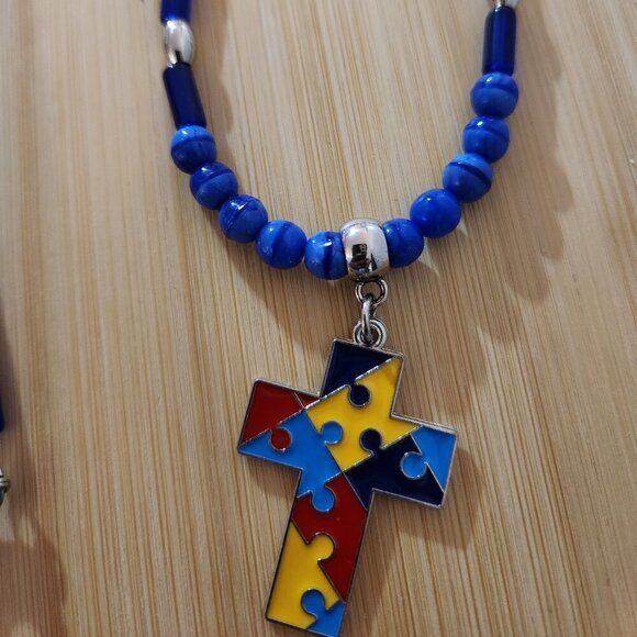 Hand Crafted Jewelry - Hand Crafted Pendant Necklace Beaded Autism Charm Blue Silver Yellow 28.5"